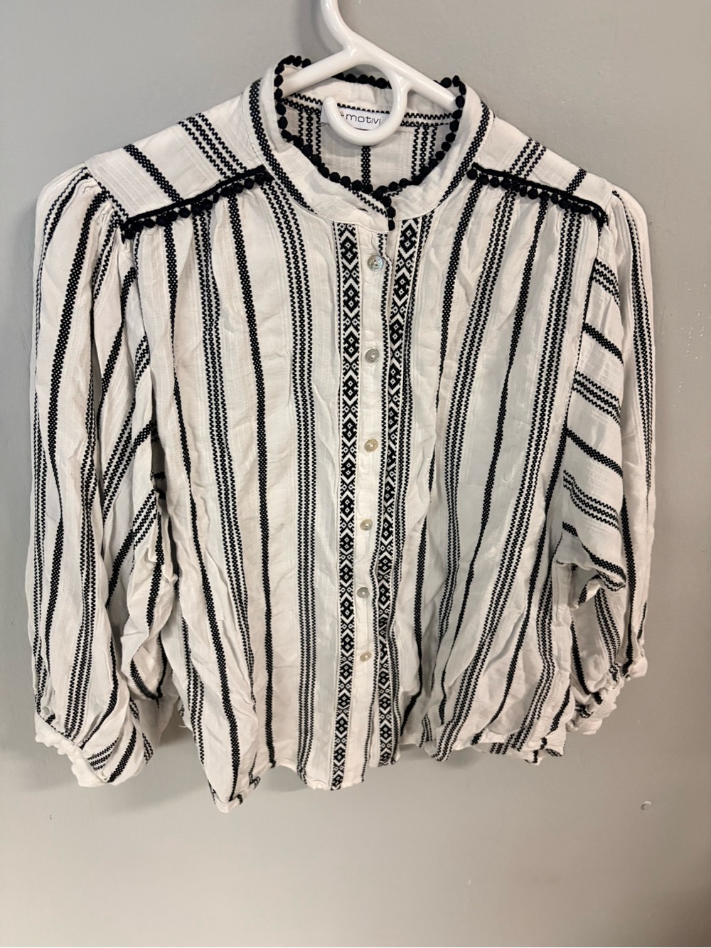 Motive women’s small Embroidered Stripe Button-Front Blouse - White/Black - Picture 1 of 4